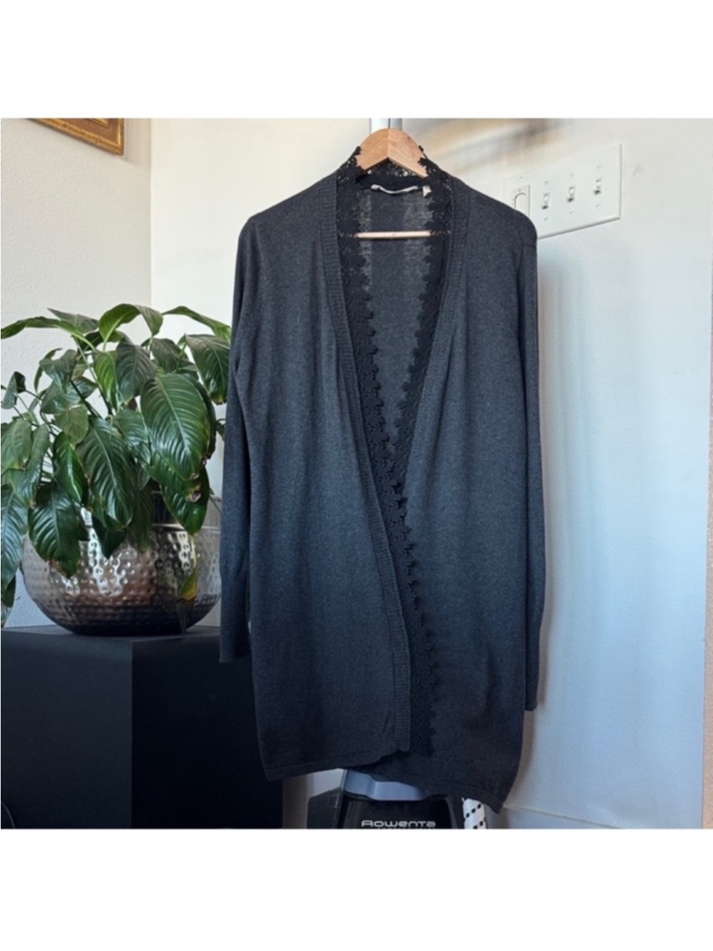 Soft Surroundings Knit Lace Trim Sweater Cardigan Sz L Open Front Duster Gray